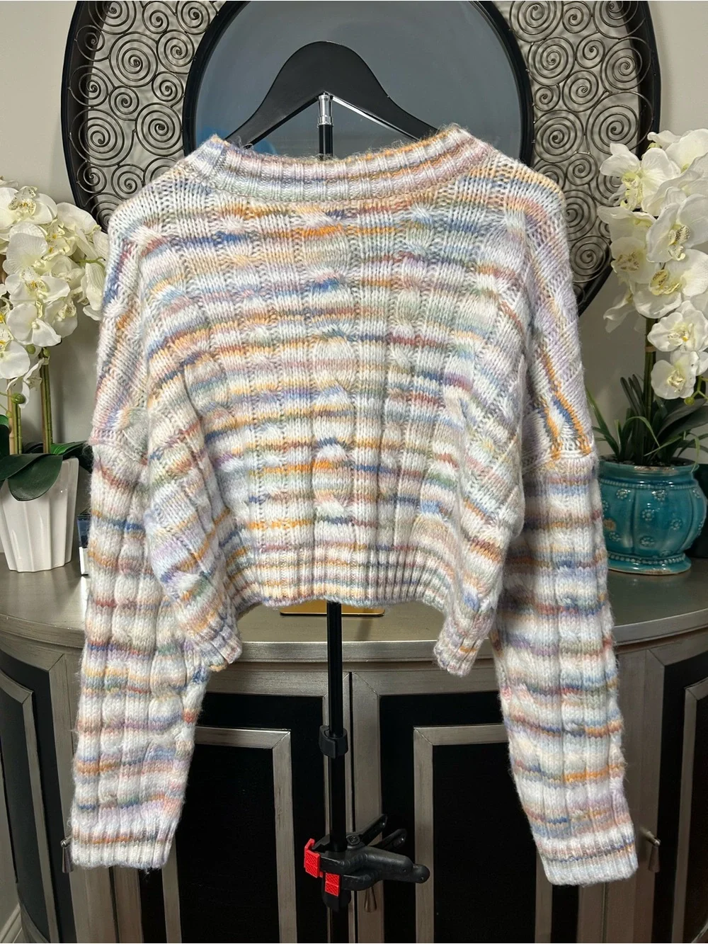 Altar'd State Pastel Multicolor Striped Cropped Crewneck Sweater